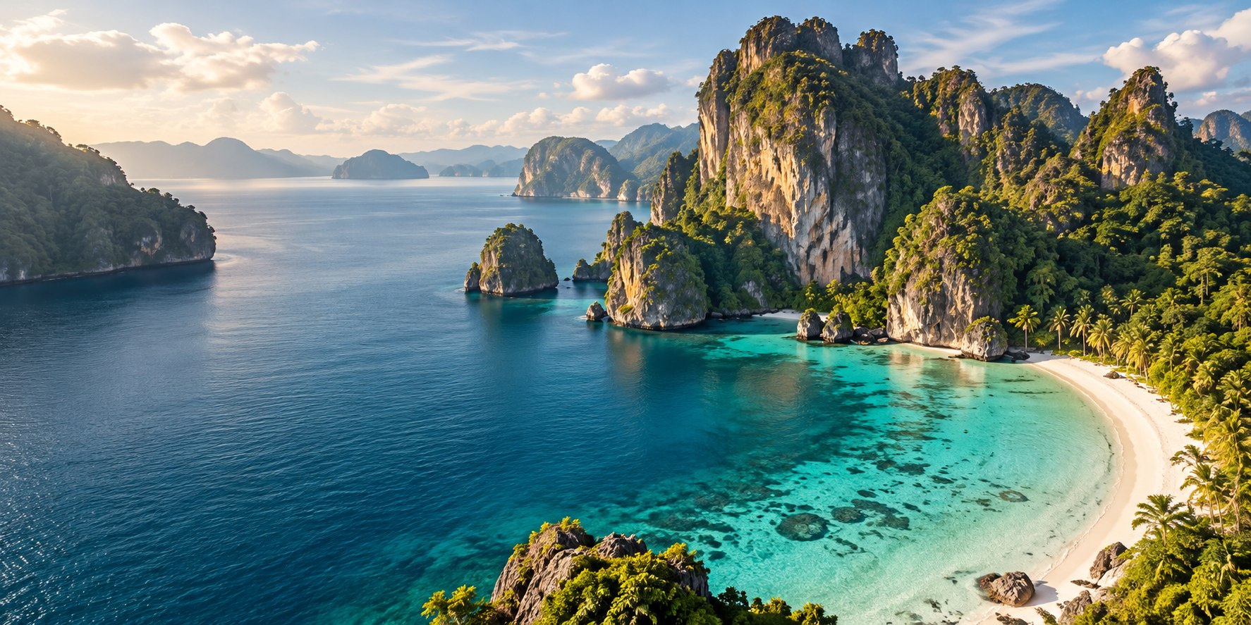 Tyrkysová zátoka, písečná pláž a vysoké zelené vápencové útesy v ranním světle